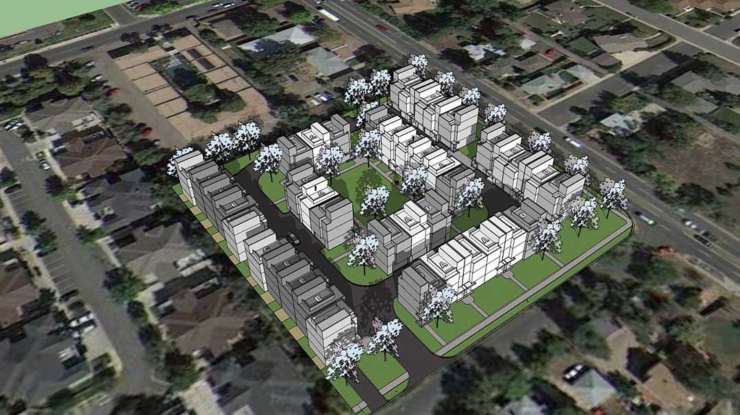 An illustration of a 3D model of the Sheridan Townhomes Mockup project.